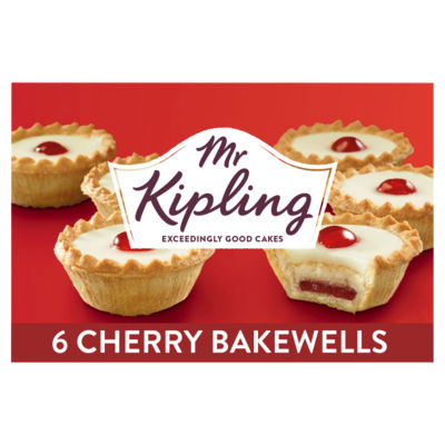 Mr Kipling cherry Bakewell tarts with plum and raspberry jam, pack of 6, imported from the UK