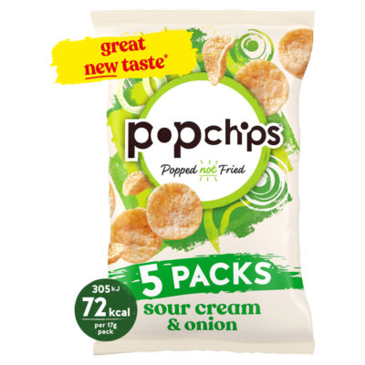 Popchips Sour Cream & Onion popped potato snacks 5 pack, imported from the UK
