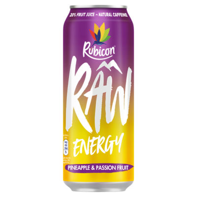 Rubicon Raw Energy pineapple passion fruit 500ml, imported from the UK