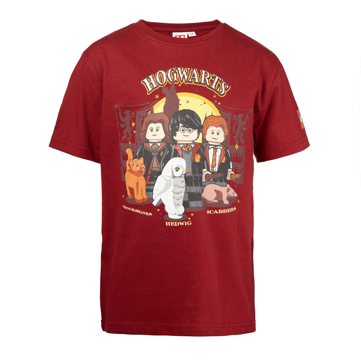 LEGO Harry Potter Burgundy Red T-Shirt featuring iconic characters, UK version