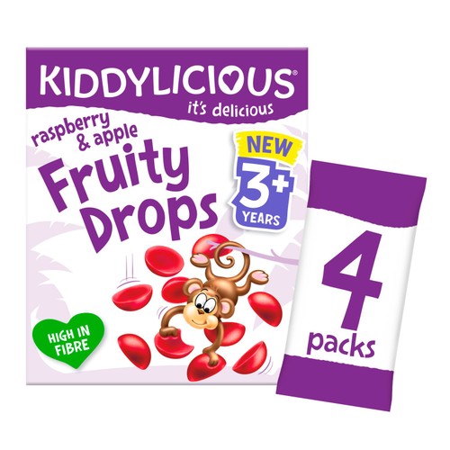 Kiddylicious raspberry and apple fruity drops kids snack pouches, UK version