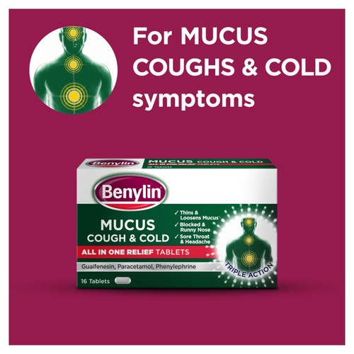 Benylin maximum strength mucus relief tablets for productive cough - British product