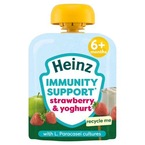 Heinz baby food pouches with strawberry and yogurt for immune support, UK version