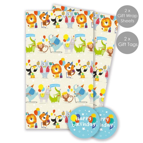 Abacus animal party gift wrap pack with two sheets and tags, imported from the UK
