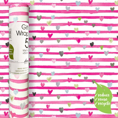 Deva Designs pink ribbon hearts patterned gift wrap roll, imported from the UK