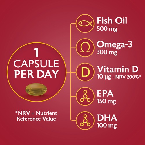 Seven Seas Omega-3 fish oil with vitamin D capsules 30 count (British brand)