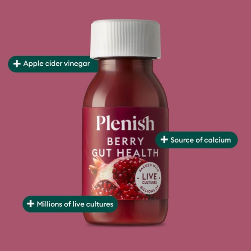 Plenish berry gut health shot, imported from the UK