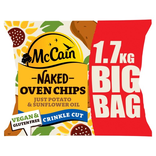 McCain crinkle cut oven chips prepared with sunflower oil, imported from the UK
