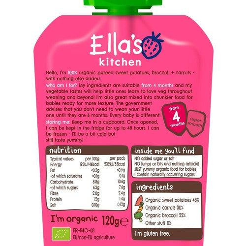 Ella's Kitchen organic baby food pouch with sweet potatoes, broccoli and carrots - British product