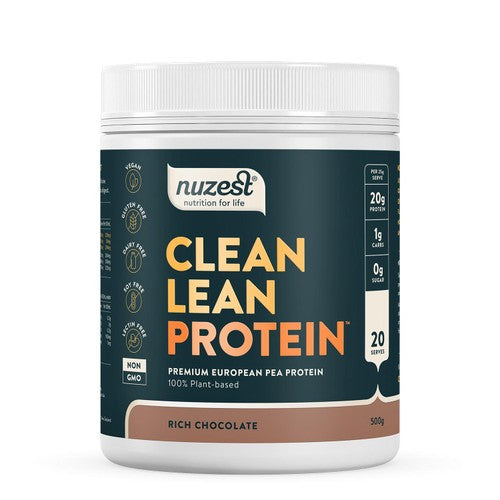 Nuzest rich chocolate flavoured plant-based protein powder, imported from the UK