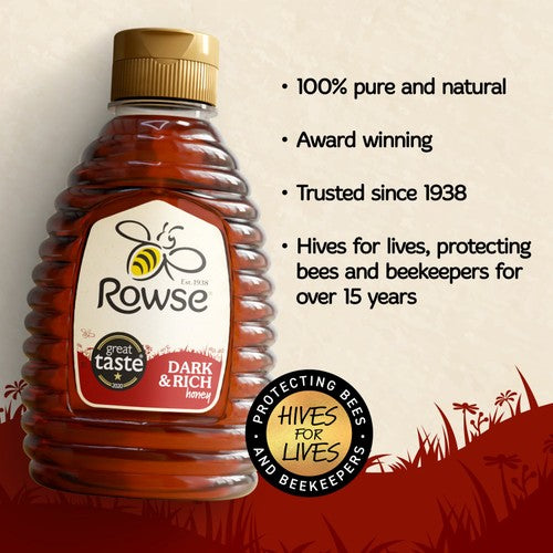 Rowse Dark & Rich Honey in a plastic bottle, imported from the UK