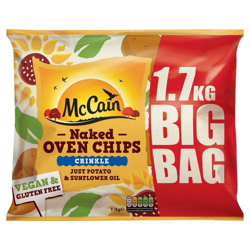 McCain crinkle cut oven chips prepared with sunflower oil, imported from the UK