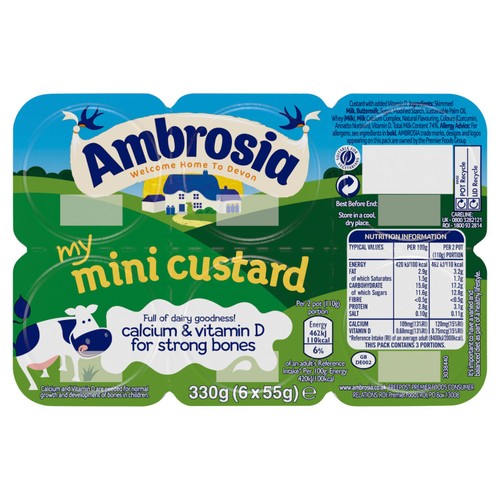 Ambrosia mini custard dessert snack pots with calcium and vitamin D, 3 portions - British product