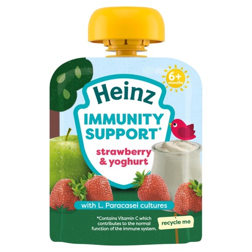 Heinz baby food pouches with strawberry and yogurt for immune support, UK version