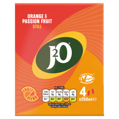J2O Orange & Passion Fruit Soft Drink Cans 4 x 250ml