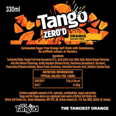 Tango Zero'd Orange Sugar Free Drink 8 x 330ml (British brand)