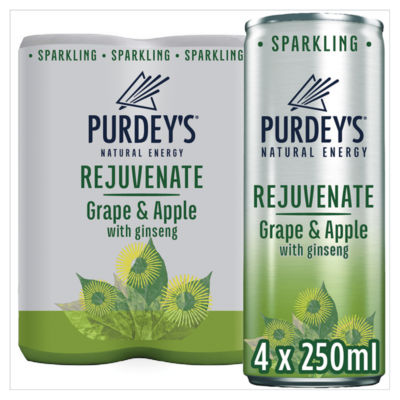 Purdey's natural energy drink sparkling grape and apple with ginseng 4 x 250ml cans, imported from the UK