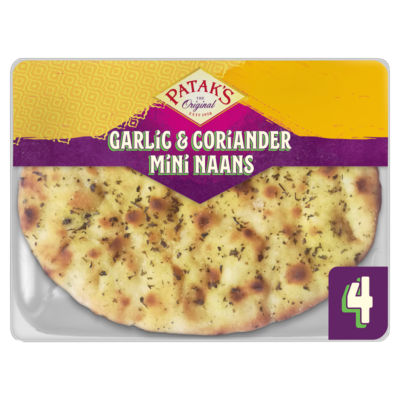 Patak's garlic coriander mini naan breads pack of 4, imported from the UK