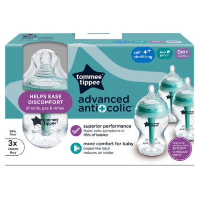 Tommee Tippee Advanced Anti-Colic Baby Bottles with Breast-Like Teats, 3x 260ml (British brand)