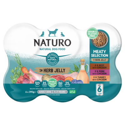 Naturo dog food meaty selection herb jelly 6x390g, imported from the UK