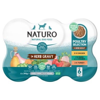 Naturo poultry dog food herb gravy 6x390g cans, UK import