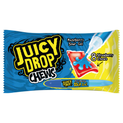 Bazooka Juicy Drop Chews Sour Gel raspberry and strawberry chewy sweets 67g, UK version