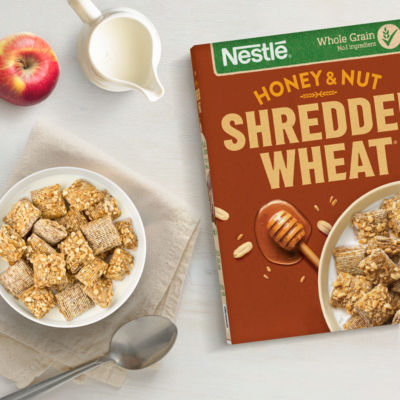 Nestle Shredded Wheat Bitesize Honey Nut cereal 500g, imported from the UK