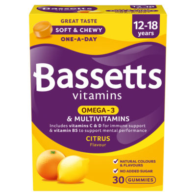 Bassetts Vitamins citrus flavour omega-3 & multivitamin gummies for teens 12-18 years 30 gummies - British product