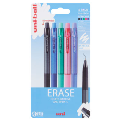 Mitsubishi Pencil Erasable Gel Pens 5 Pack with Black, Blue, Red, Pink, Violet