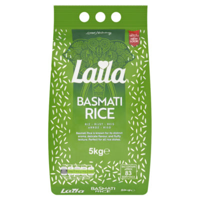 Laila 100% Pure Basmati Rice 5kg White Grain, UK version