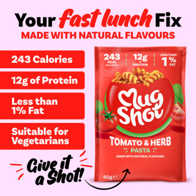 Mug Shot tomato and herb pasta shapes 64g, imported from the UK