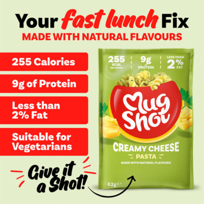 Mug Shot creamy cheese instant pasta 68g, imported from the UK