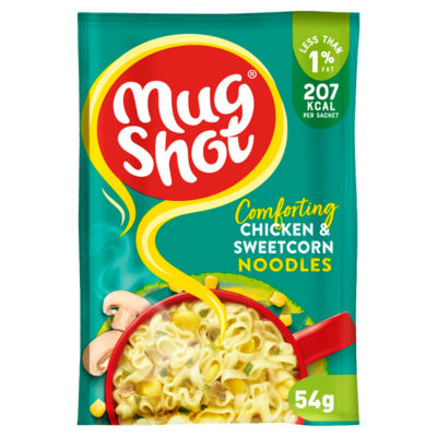 Mug Shot chicken & sweetcorn noodles 54g, imported from the UK