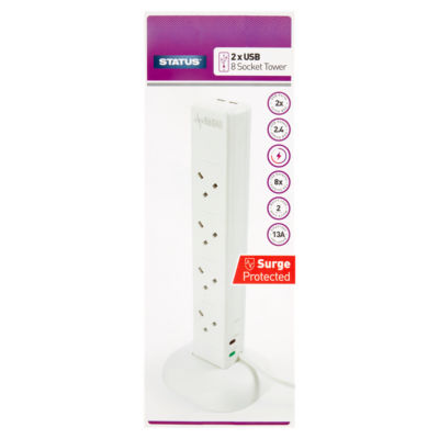 Status 2 USB 8 socket tower extension lead 2 metre (British brand)
