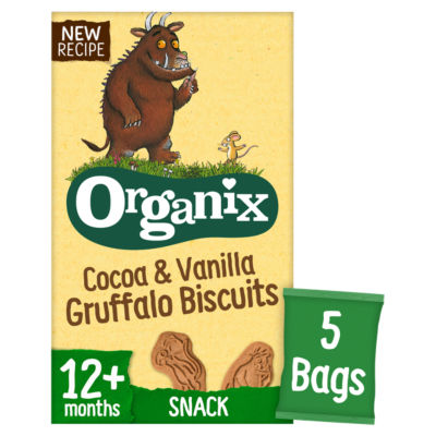 Organix Gruffalo cocoa and vanilla toddler biscuits 5x20g multipack, imported from the UK