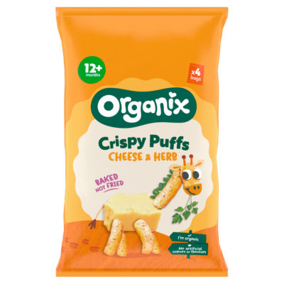 Organix cheese and herb baby snack puffs 4x15g, imported from the UK