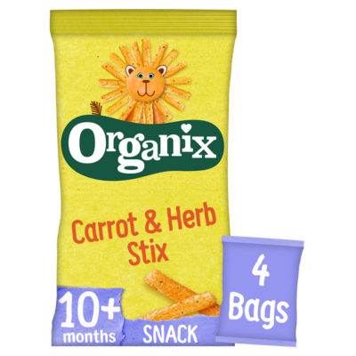 Organix Carrot & Herb Stix baby snacks multipack 4x15g, imported from the UK