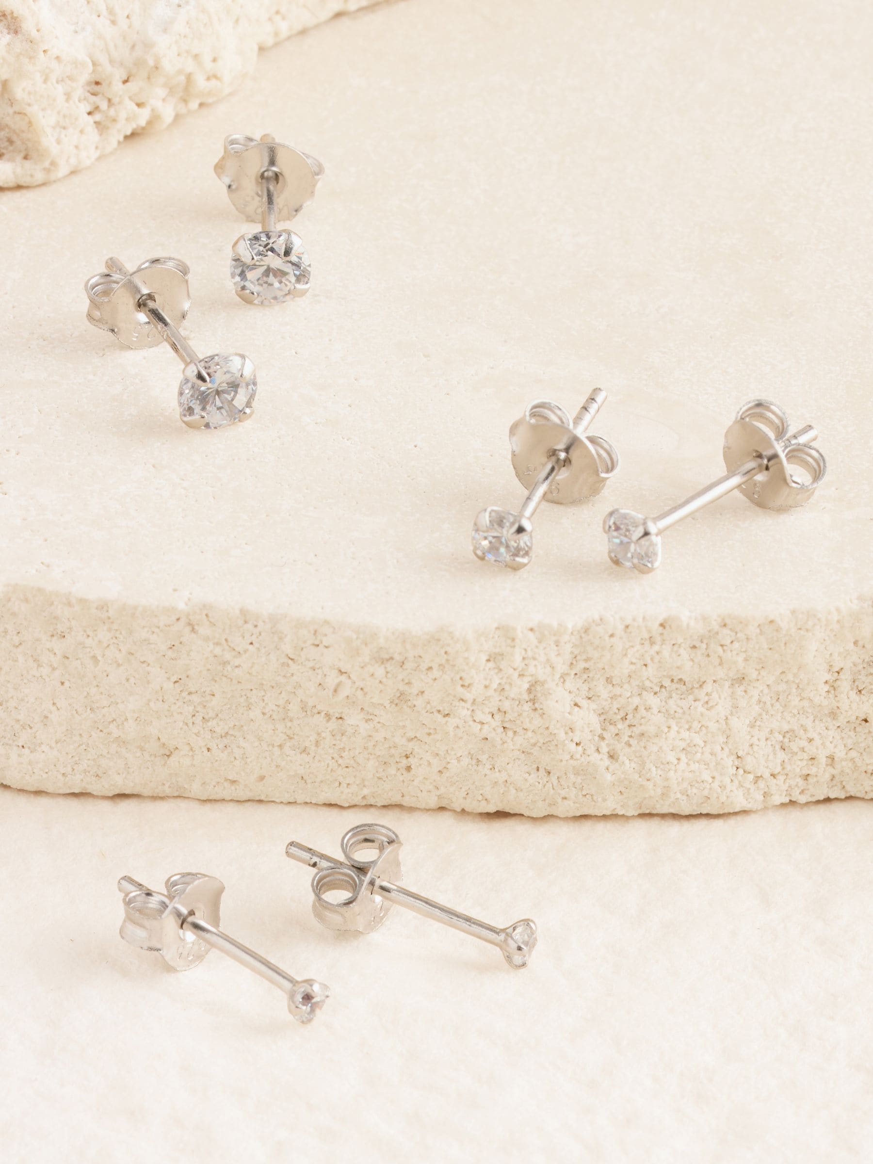 Sterling silver crystal stud earrings 3-pack with 2mm, 3mm, 4mm studs (British brand)