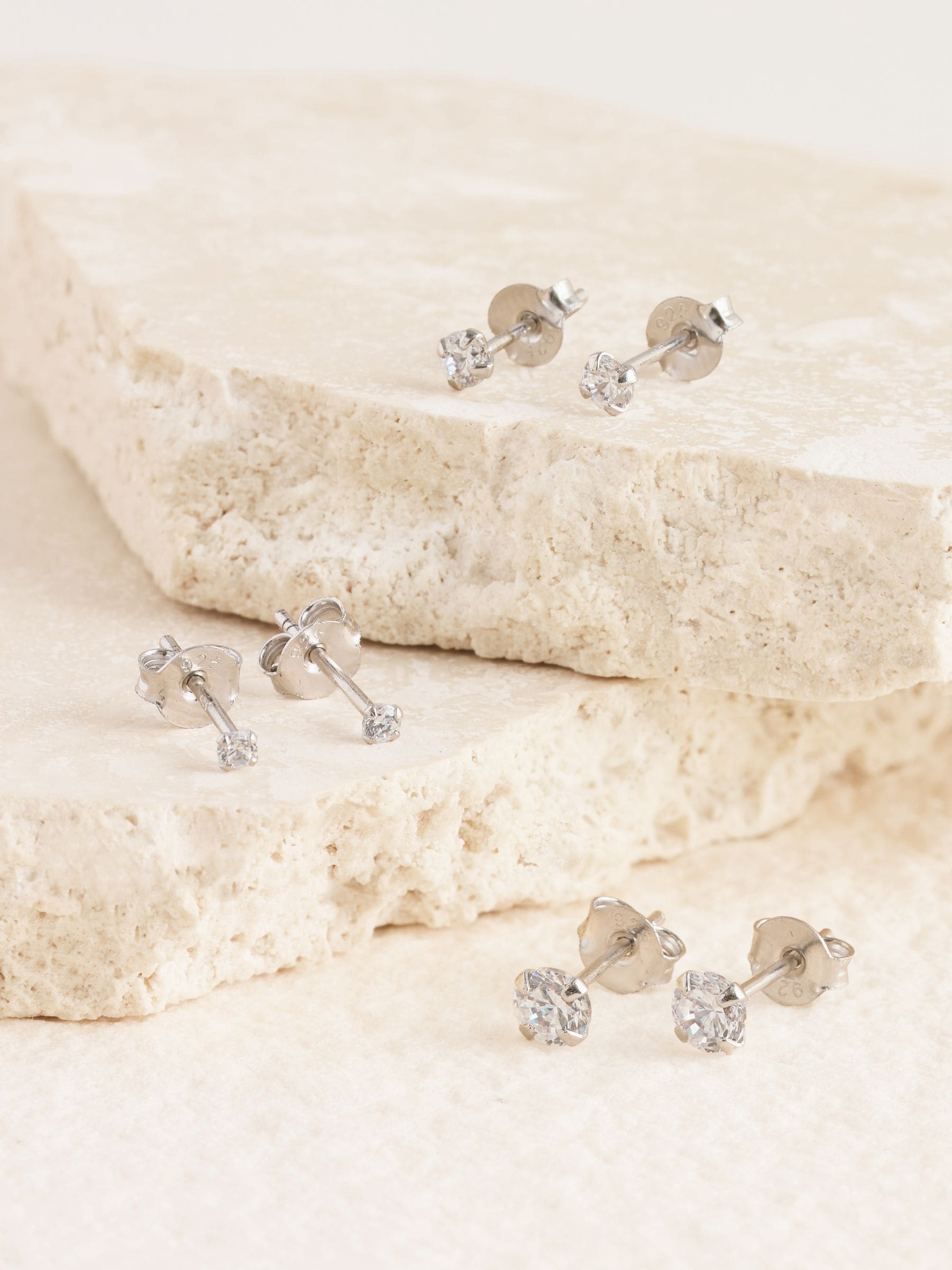Sterling silver crystal stud earrings 3-pack with 2mm, 3mm, 4mm studs (British brand)