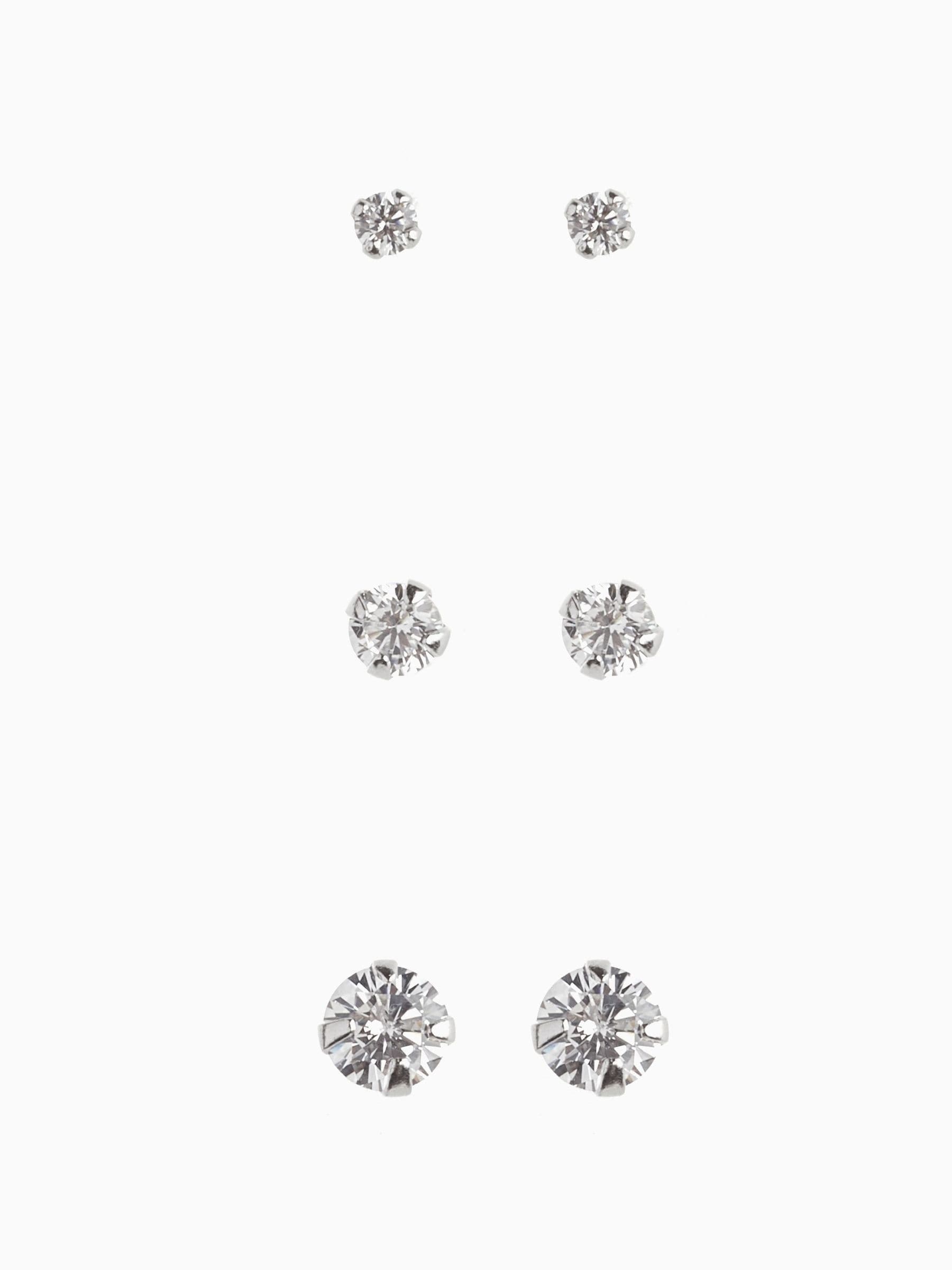 Sterling silver crystal stud earrings 3-pack with 2mm, 3mm, 4mm studs (British brand)