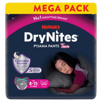 Huggies DryNites Pyjama Pants Teen Age 8-15 27-57kg Mega Pack 23 Count Night Time Protection