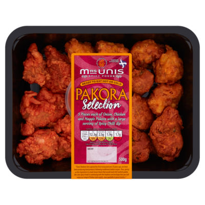 Mrs Unis Pakora Selection Mixed Savoury Snack 500g, imported from the UK