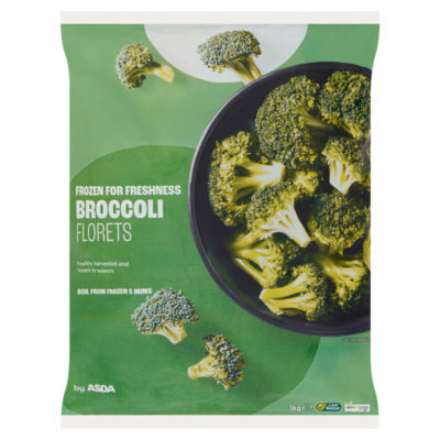 ASDA Broccoli Florets 1kg size frozen bag portion - British product