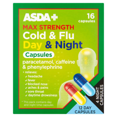 ASDA Max Strength Cold & Flu Day & Night Capsules 16 Capsules - British product