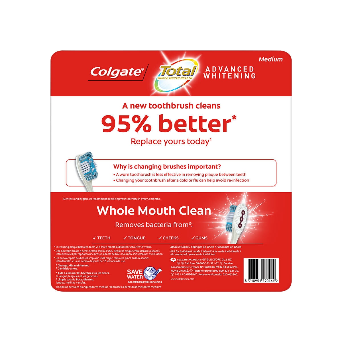 Colgate Total Advanced Whitening Medium Toothbrush 8 Pack - British product