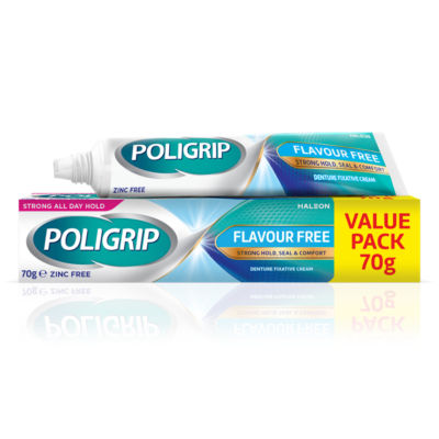 Poligrip flavour free denture fixative cream 70g, imported from the UK