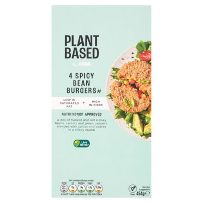 ASDA Plant Based spicy bean burgers 4 pack 454g, imported from the UK