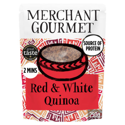 Merchant Gourmet red and white quinoa 250g, imported from the UK