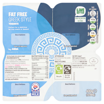 ASDA Fat Free Greek Style Yoghurt Natural 400g
