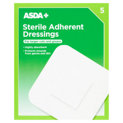 ASDA sterile adhesive dressings for large wounds 5 pack 100mm x 100mm - British product